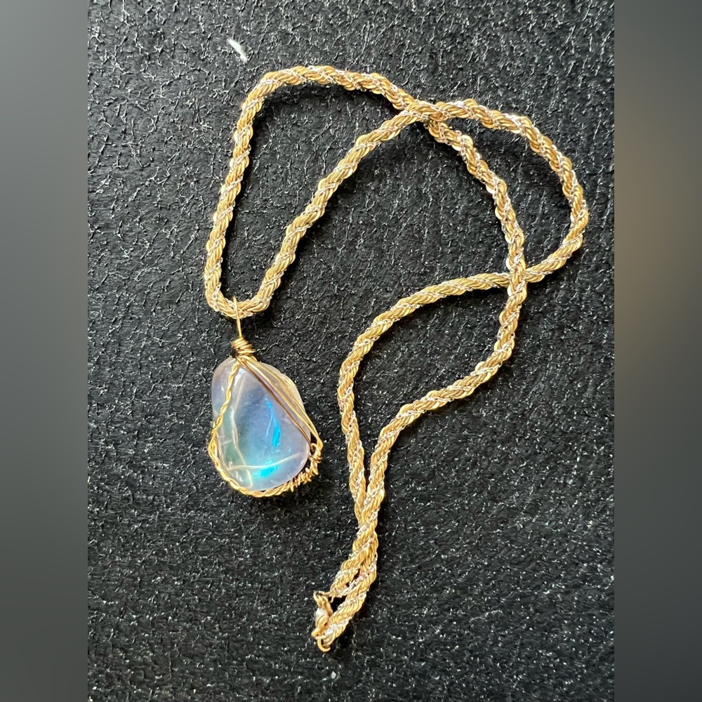 Aura Gemstone Wrapped Pendant w/ Vintage Monet Chain | 18" - Picture 6 of 15